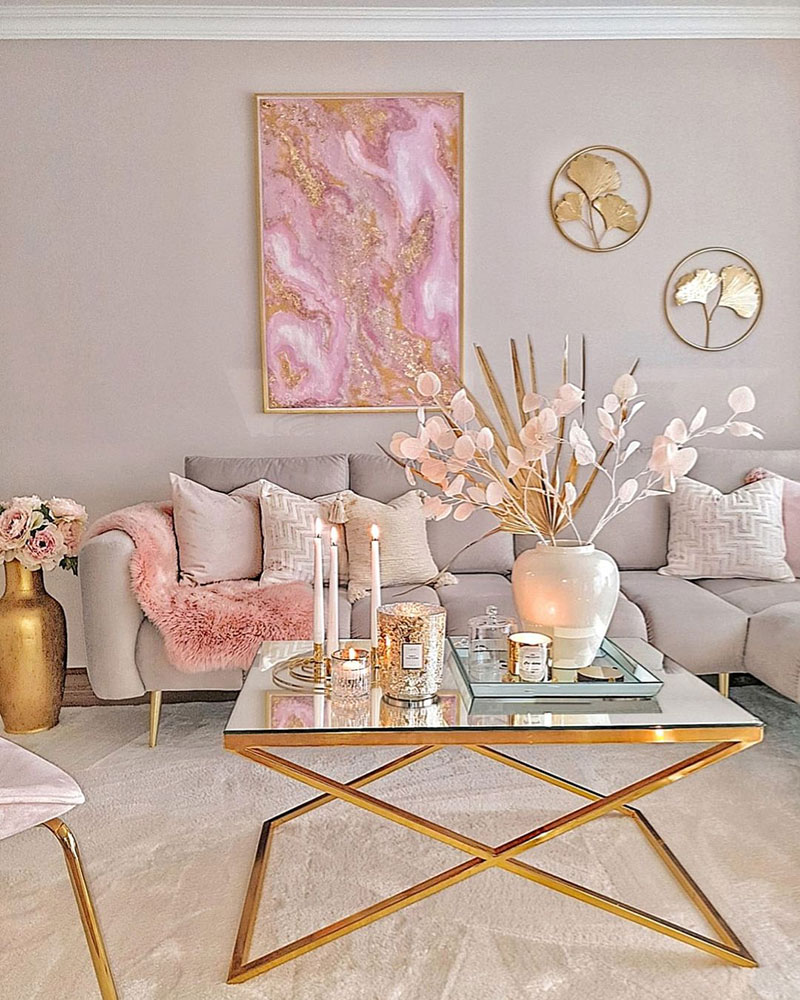 Pink and Golden room with gray walls