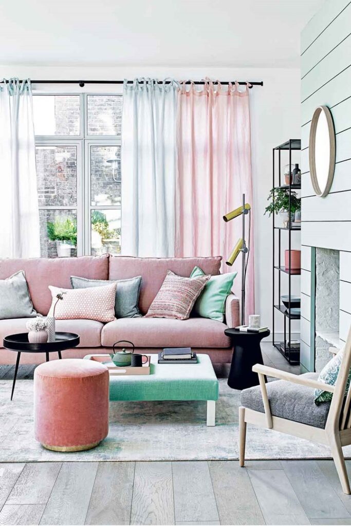 pink and mint green living room