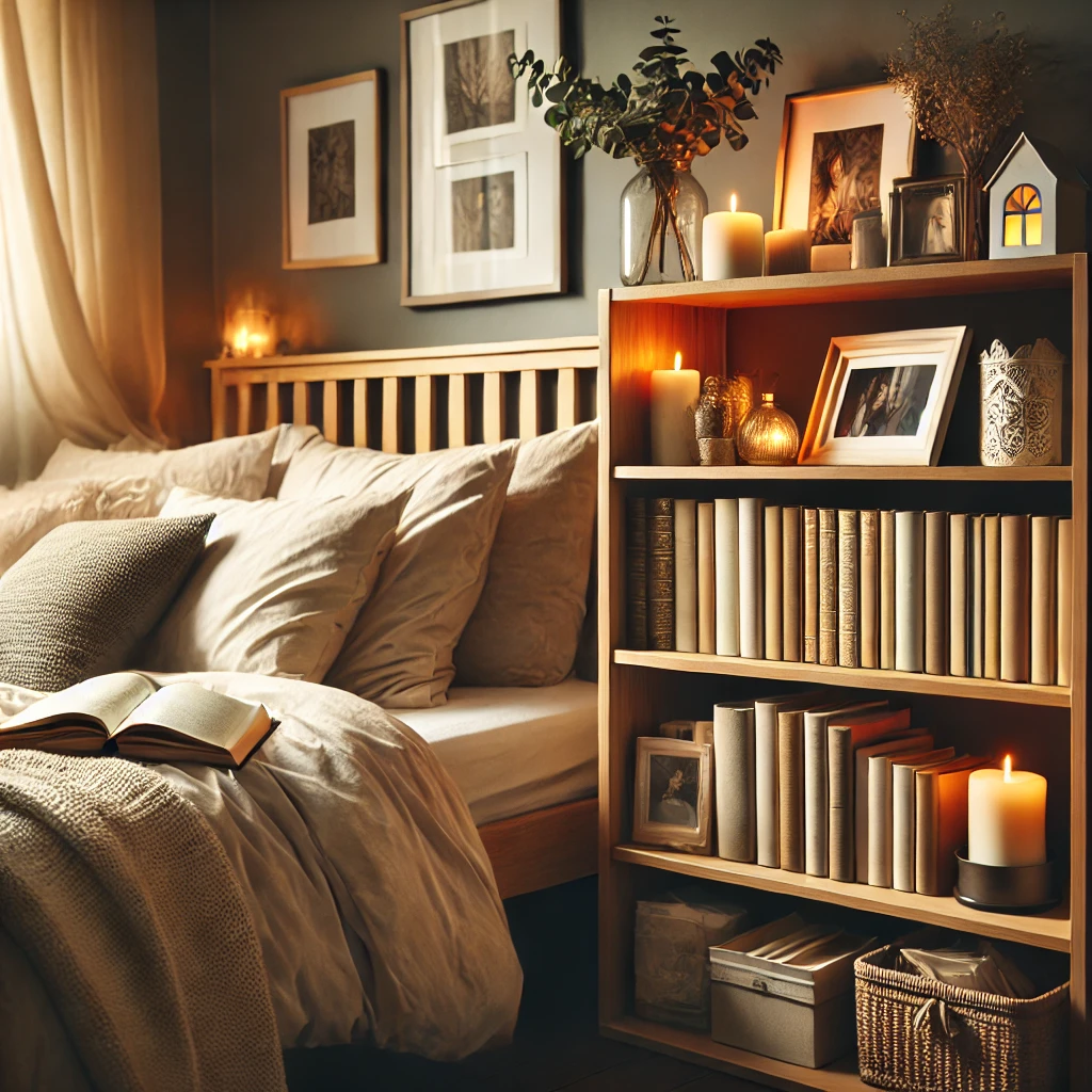  A cozy bedroom bookshelf next to the bed, with books stacked alongside personal keepsakes like framed photos and candles, creating a peaceful atmosphere.