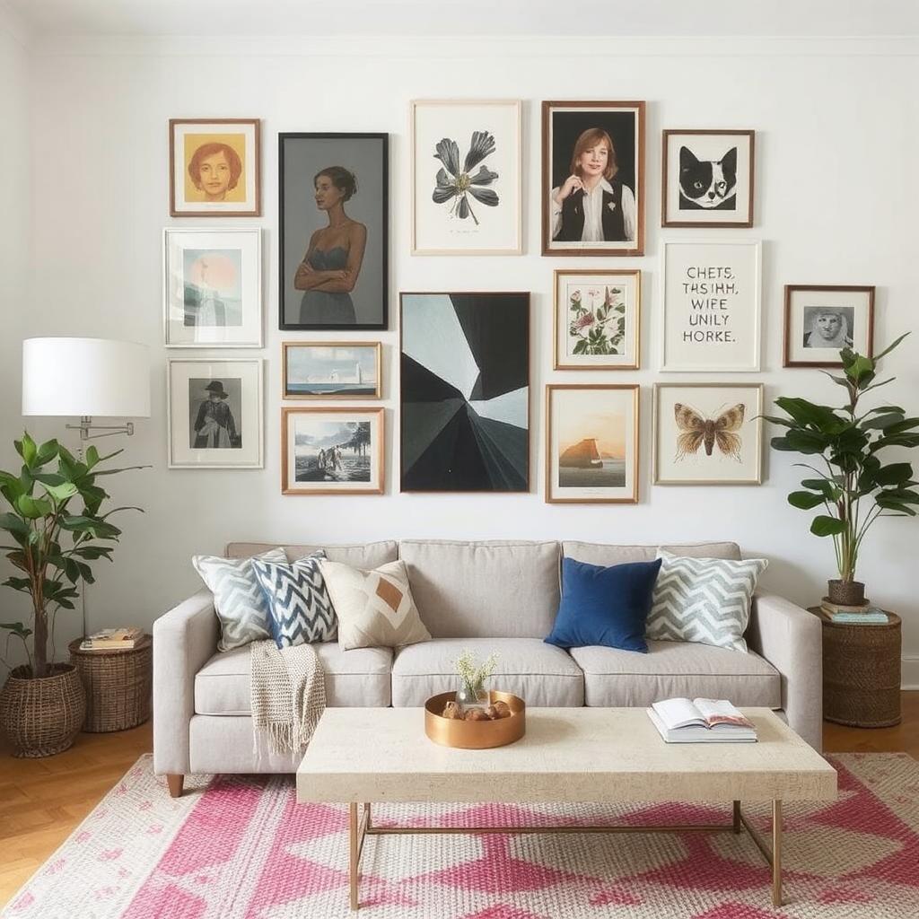 Living room with a gallery wall of budget-friendly artwork, adding personality and style to the space