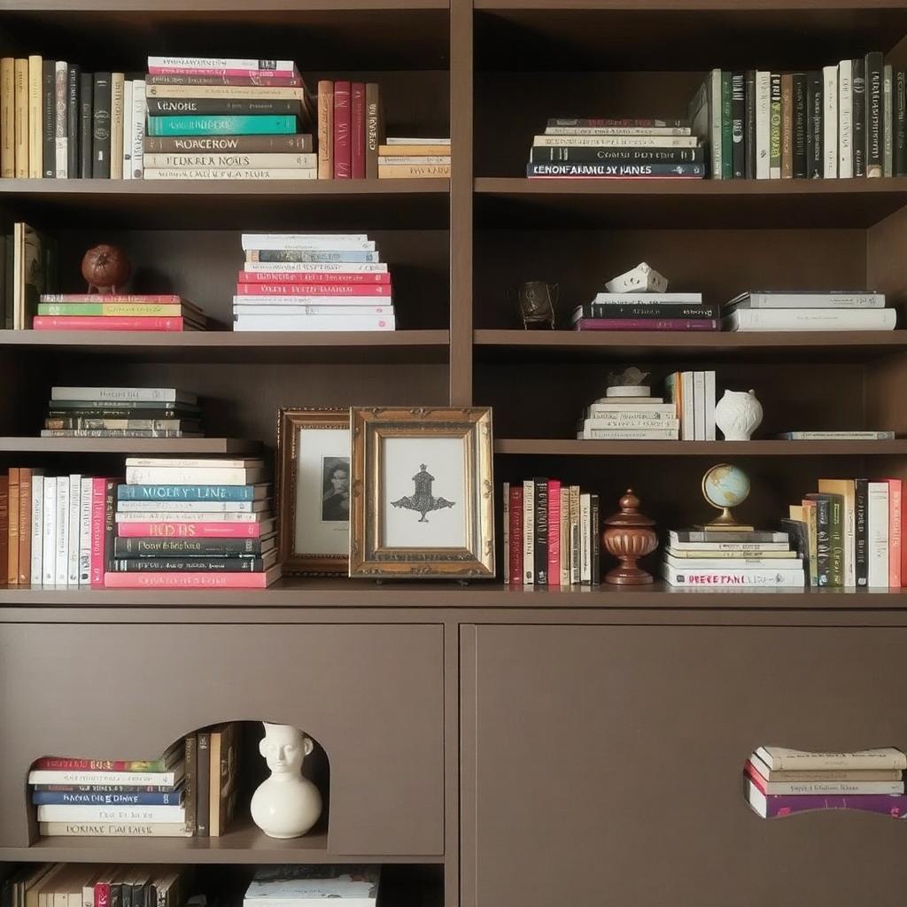 An open bookshelf with books stacked on top of framed art and small decorative pieces.