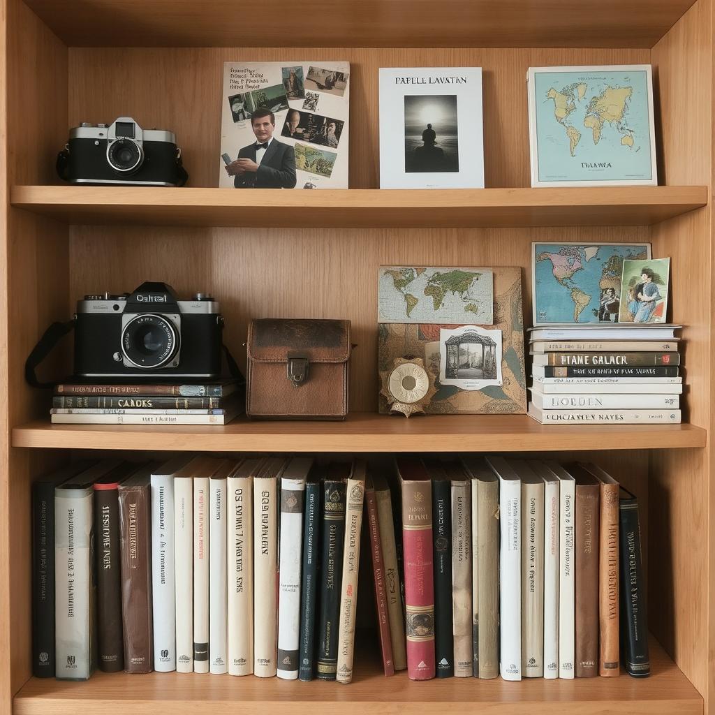 An open bookshelf with a collection of vintage cameras, travel souvenirs, and neatly stacked books.