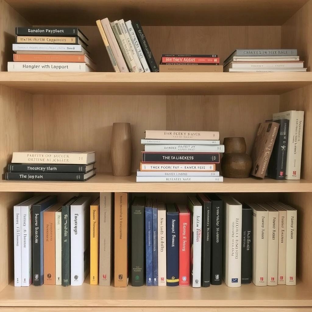 A shallow open bookshelf with neatly arranged books, showcasing a minimalist design.