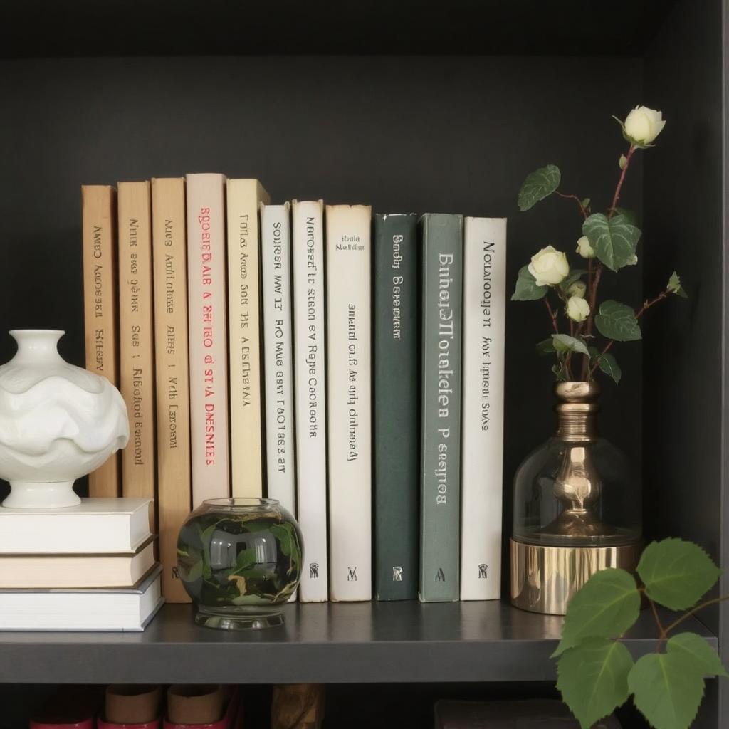 A bookshelf with a few carefully selected personal books alongside decorative items.