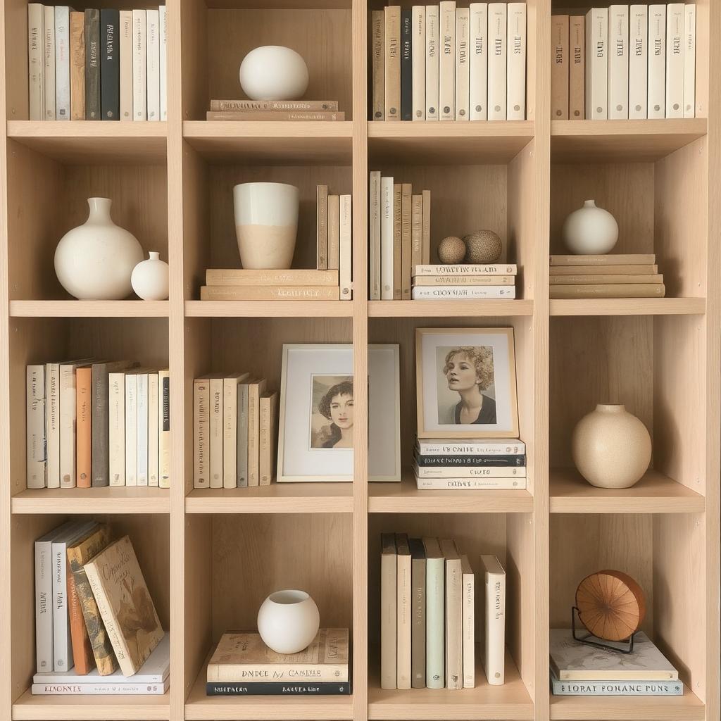 A bookshelf with neutral-toned books and matching decor items for a peaceful, minimalist vibe.