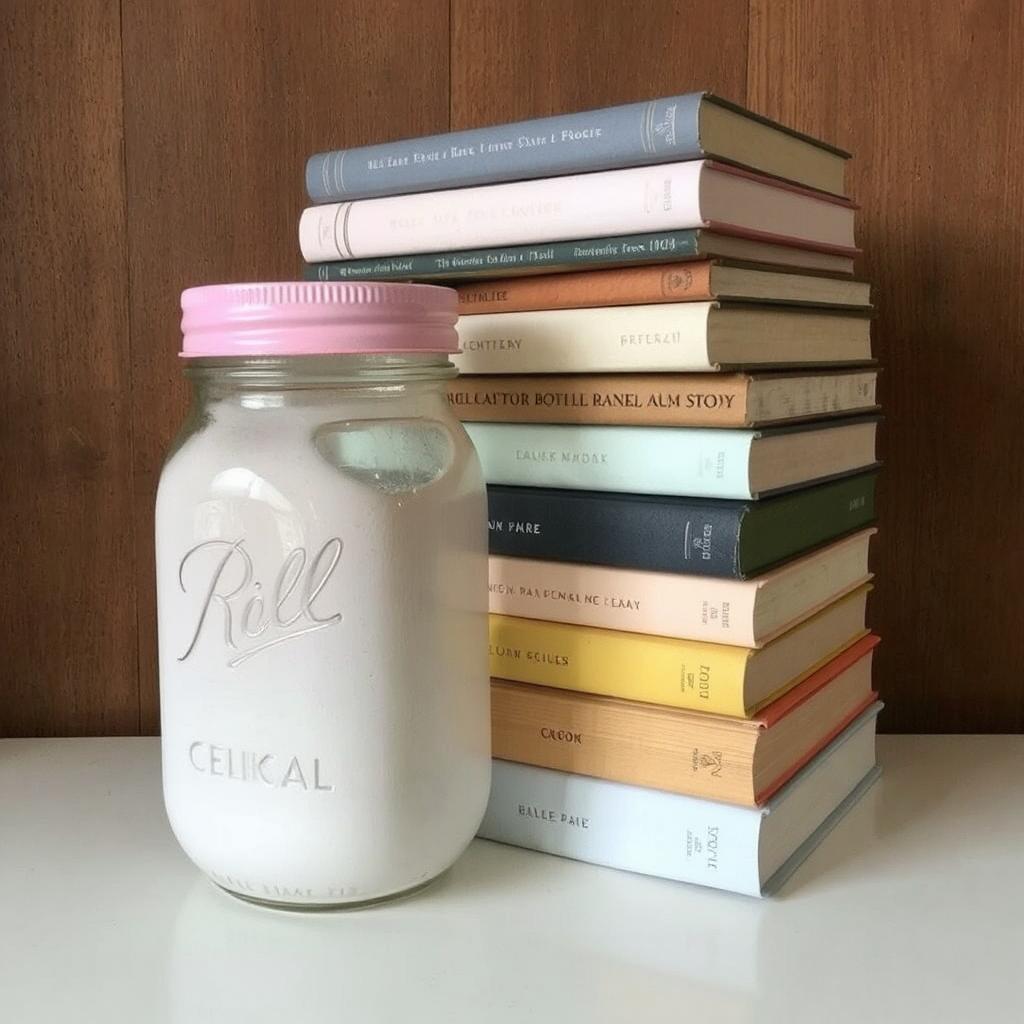 A pair of mason jars painted in soft pastel colors, holding up a stack of books.