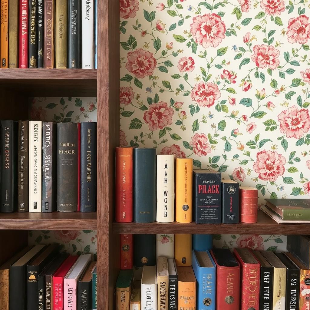 DIY Bookshelf Decor: A bookshelf with a floral wallpaper lining that makes the books pop.