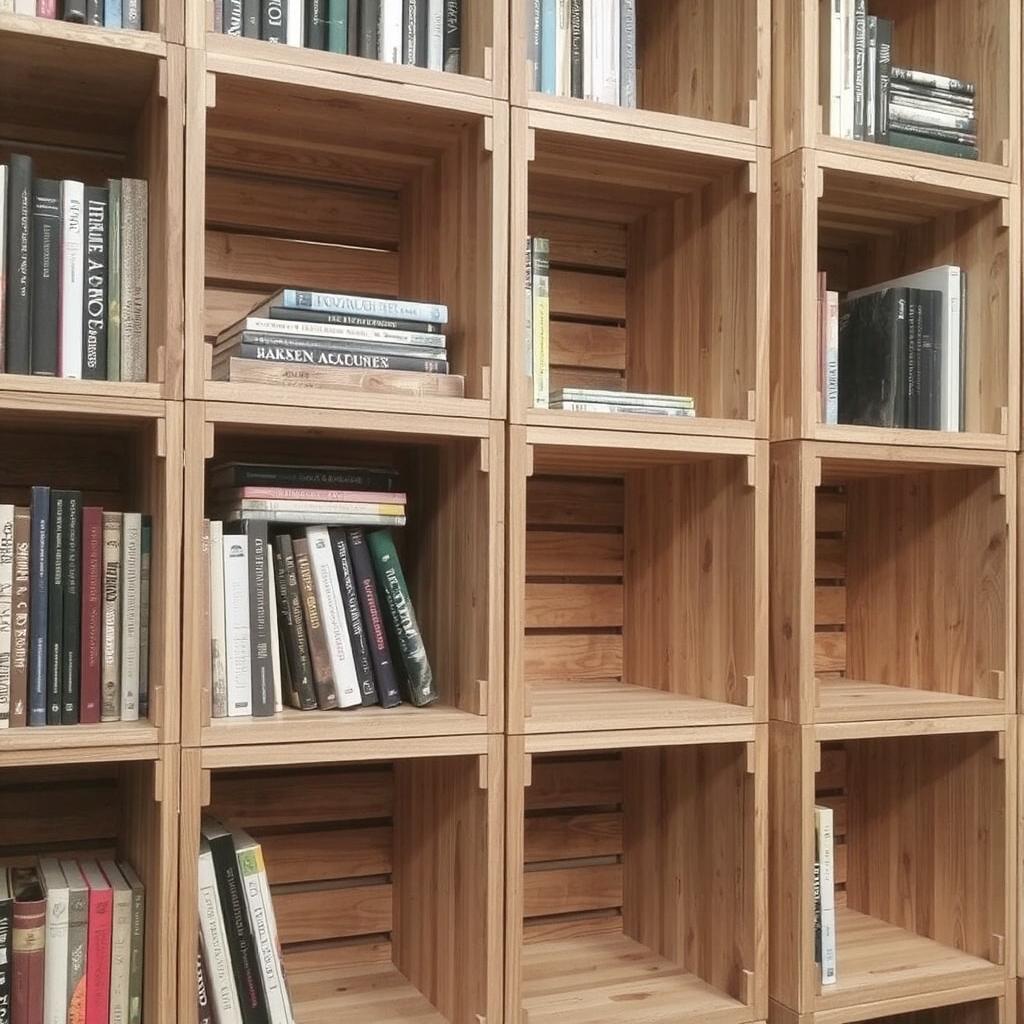 Wooden crates stacked vertically, acting as book dividers in a modern bookshelf.