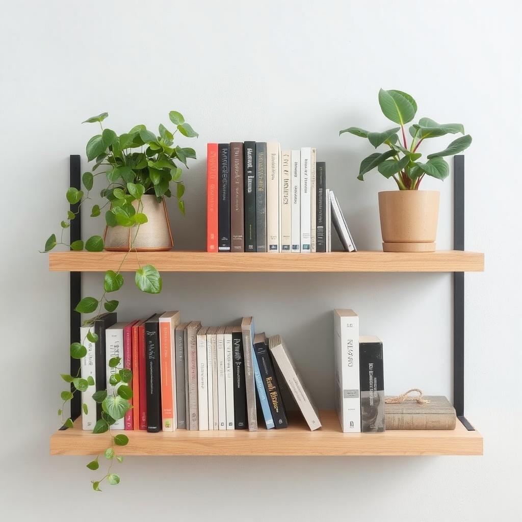 DIY Bookshelf Decor: A clean, minimalist floating bookshelf with books and a couple of plants on it.