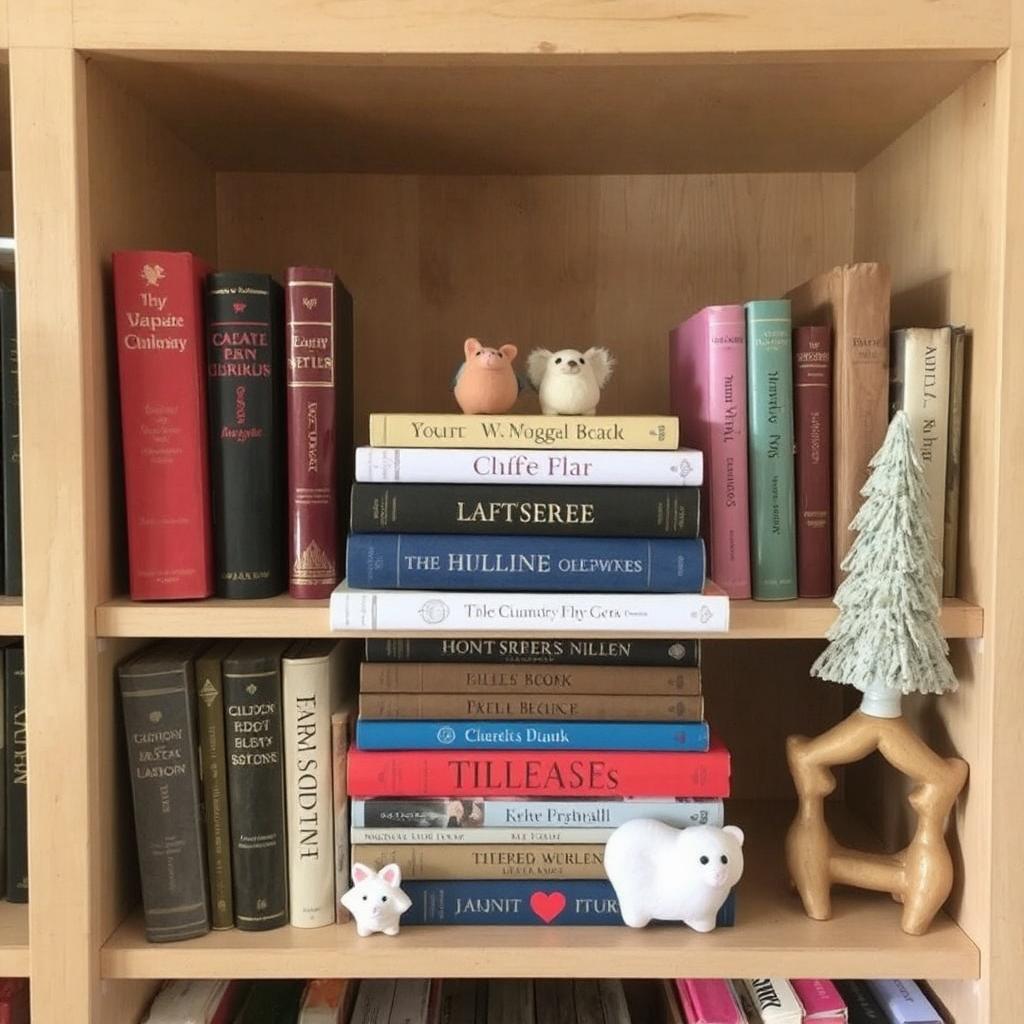 DIY Bookshelf Decor : A bookshelf with books stacked at various angles and a few cute decorations.