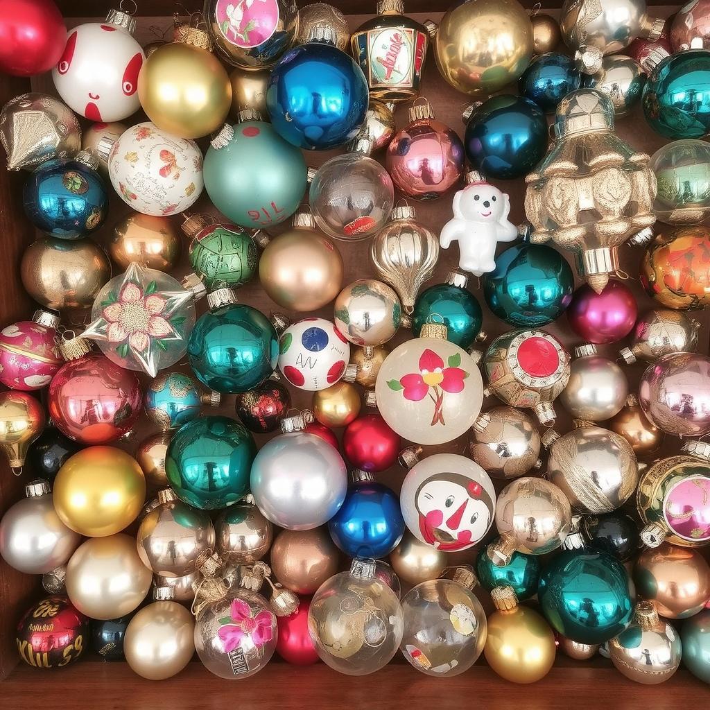 A close-up shot of a variety of unique vintage ornaments—glass baubles, old family heirlooms, and thrift store finds. This image will visually highlight the charm and individuality these ornaments bring to a Christmas tree.