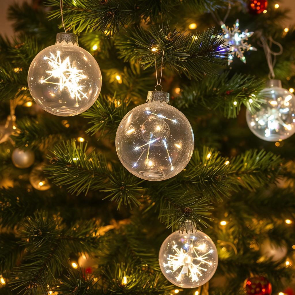 a Christmas tree illuminated with creative lighting, such as fairy lights, cluster lights, or twinkle lights.