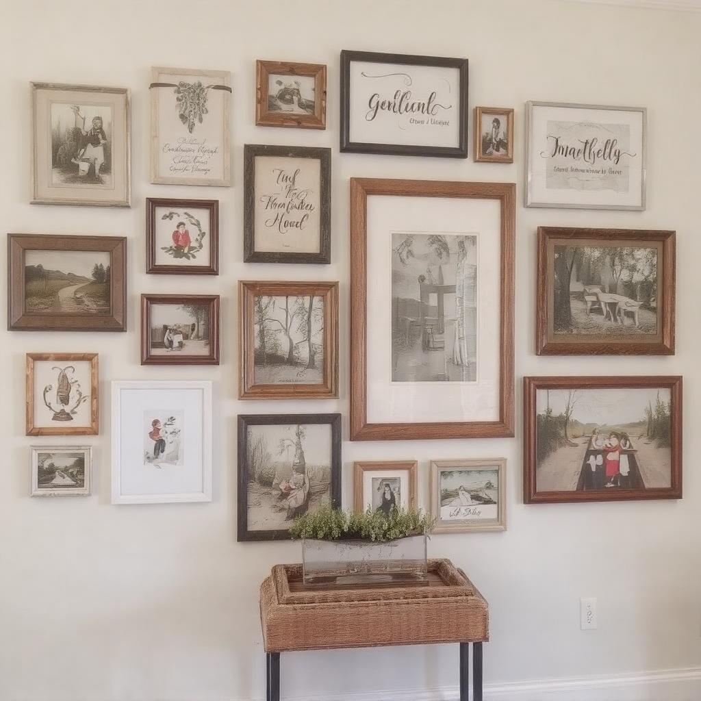 Farmhouse gallery wall with vintage prints and family photos