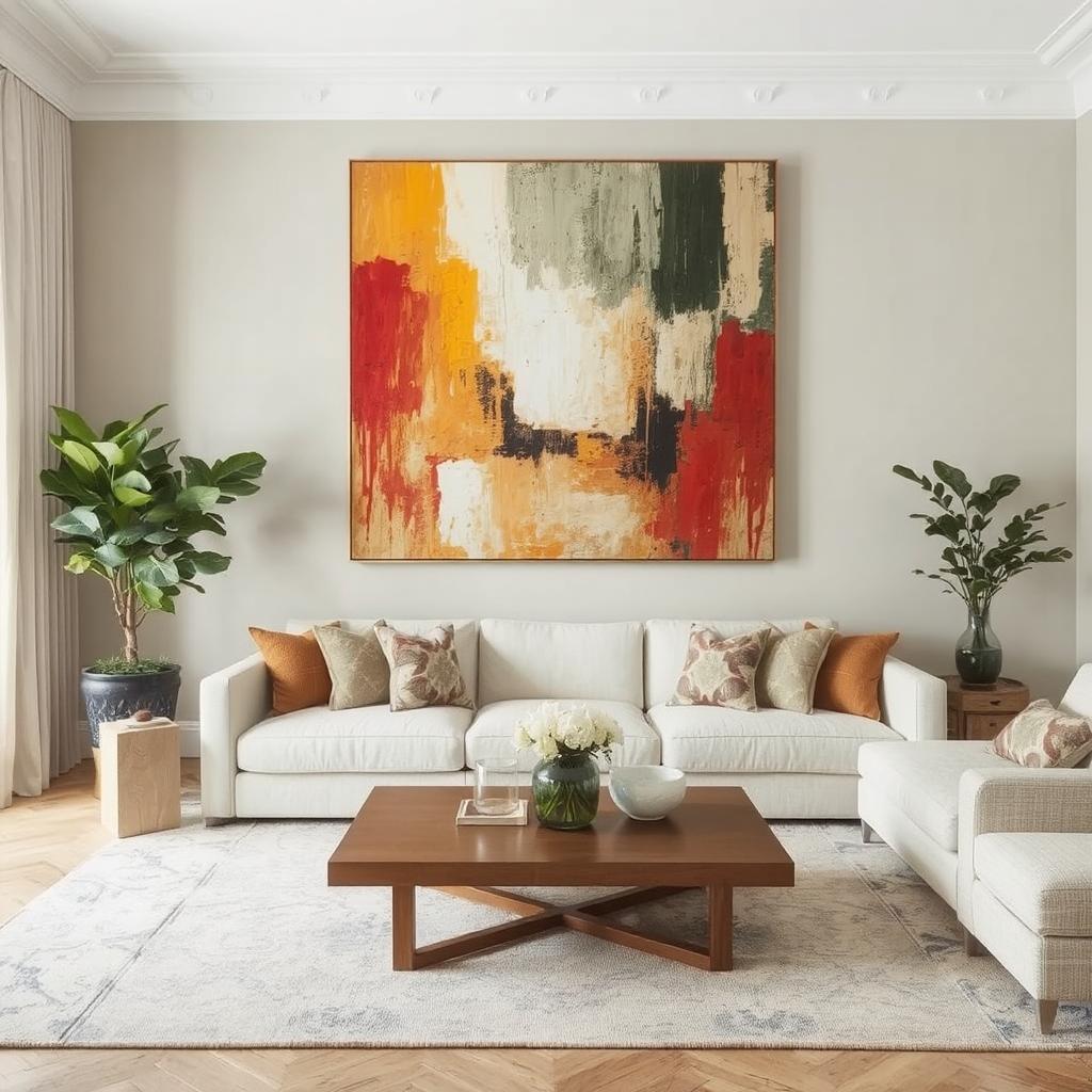 Spacious living room with a large statement painting—adding depth and character to the space