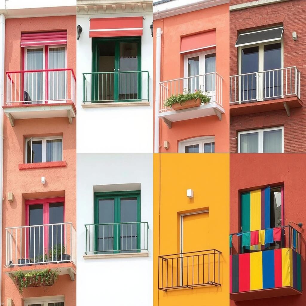 Show a variety of balconies with different color schemes like red and green, silver and white, and a bold multicolor setup.