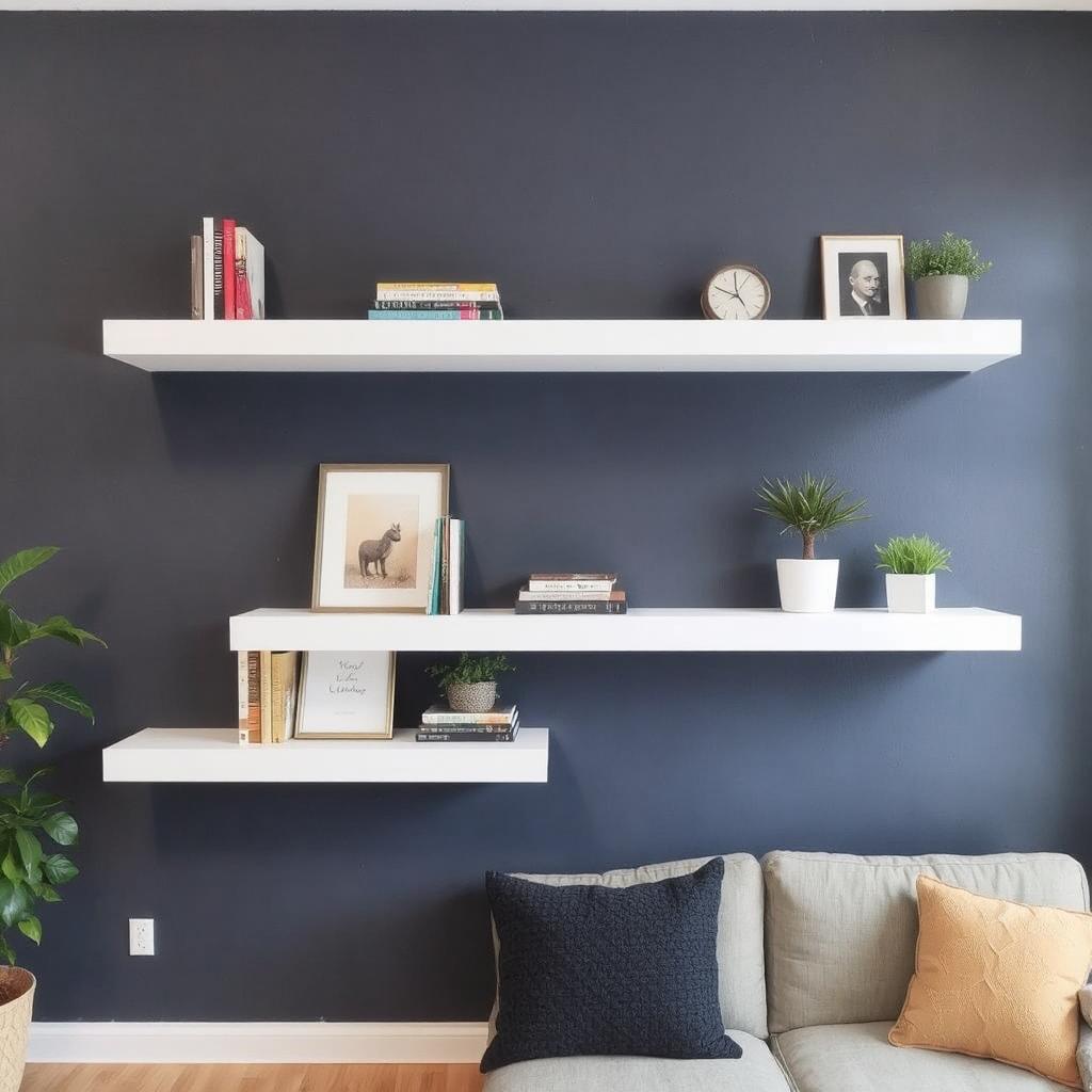 Bookshelf Decor Ideas for Small Spaces A living room featuring floating shelves on the wall, showcasing a few books, potted plants, and a small piece of art.