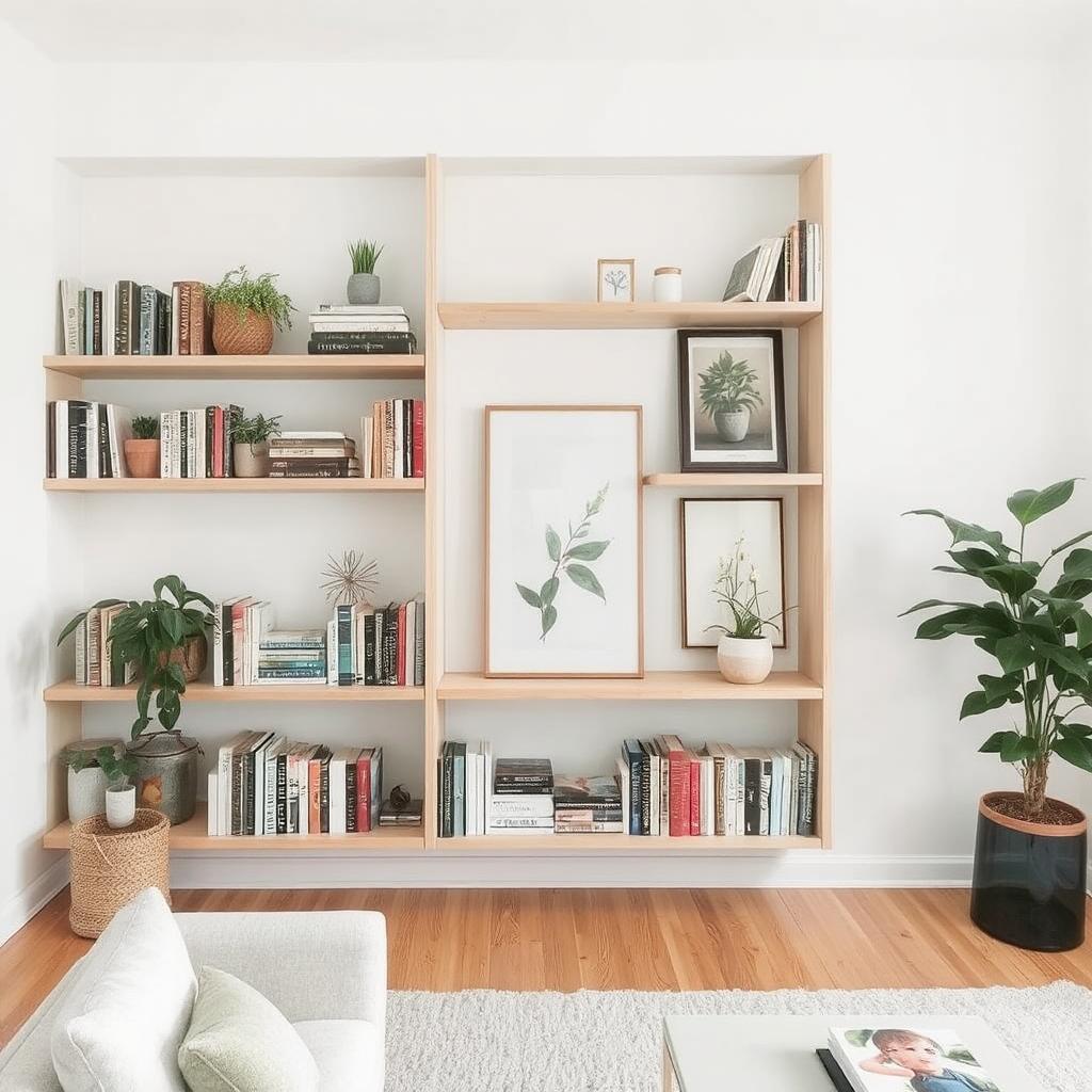 Show a clean and airy living room featuring floating bookshelves with a mix of books, small plants, and artwork.