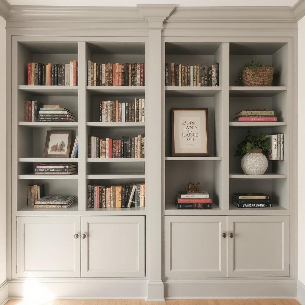 Show a built-in bookshelf painted in a soft gray, with complementary items like white vases and decorative objects, creating a calm, sophisticated atmosphere.