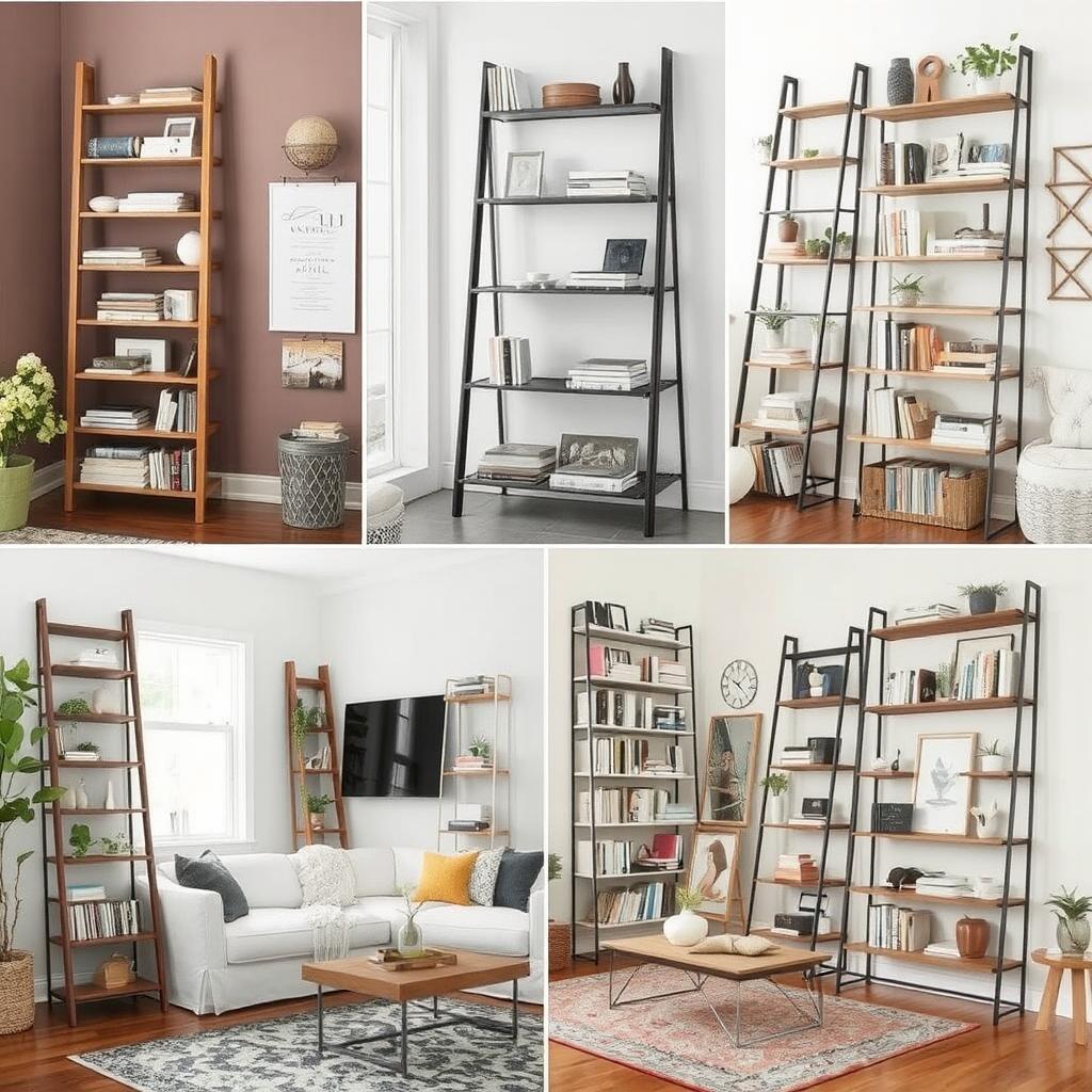 a range of ladder bookshelves in different materials—wood, metal, and hybrid—styled in a variety of living rooms, from compact spaces to larger, more open areas.