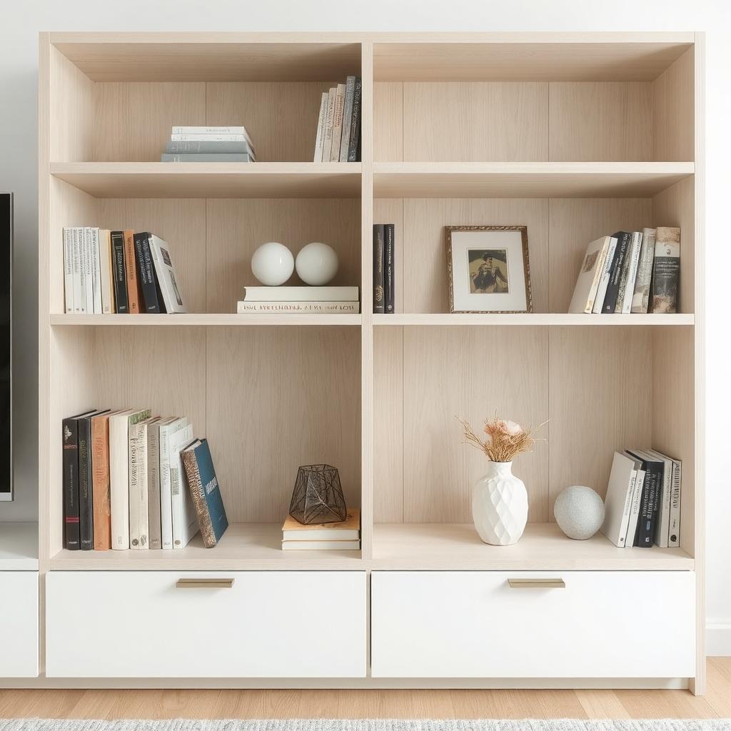 A modern open bookshelf in white or wood, with only a few selected books and decor items neatly arranged.