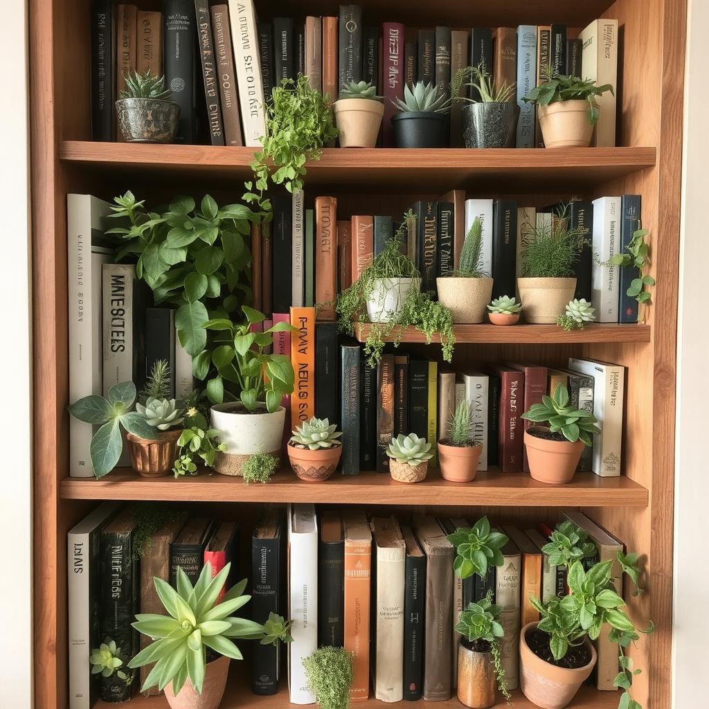 A bookshelf filled with greenery, featuring a mix of succulents and small plants placed between books.