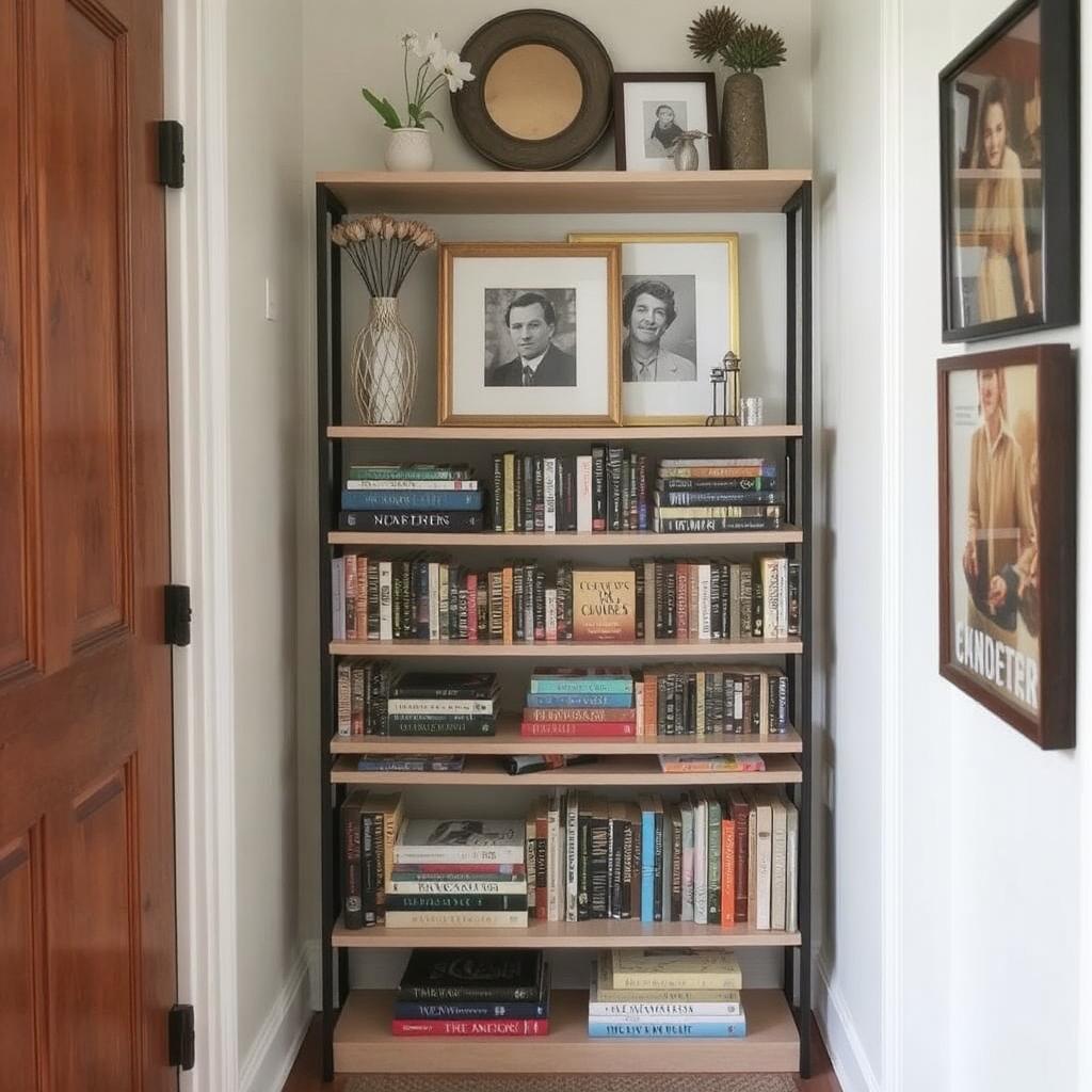 A multi-tiered bookshelf arranged in a small entryway or hallway, featuring books on the bottom tiers and decorative items on the top.