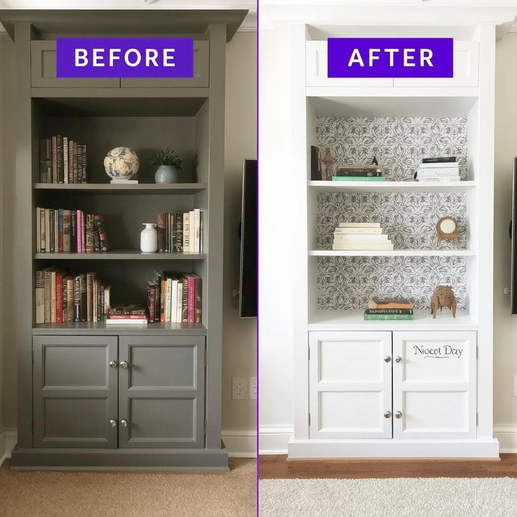 a before-and-after image of built-in bookshelves with a fresh coat of paint or patterned wallpaper backing. This visual transformation will highlight the impact of small updates.