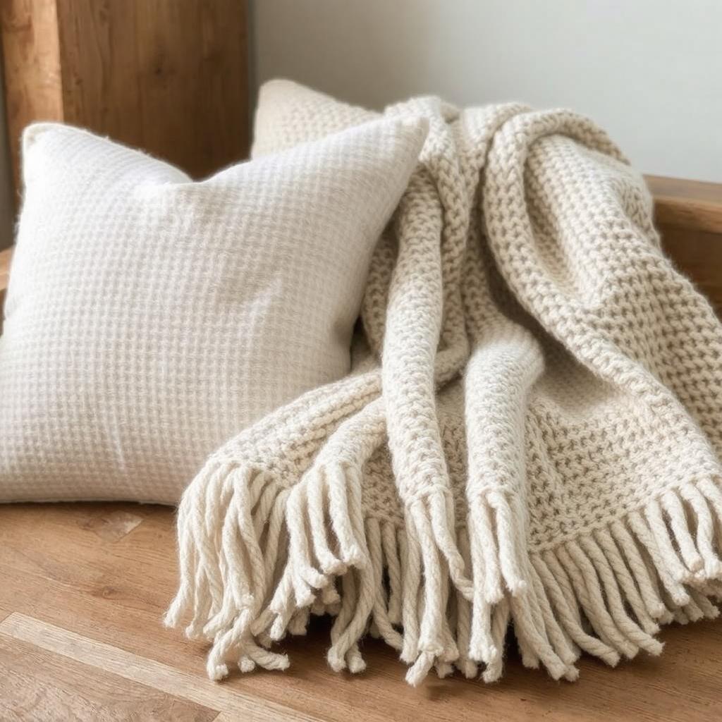 Textured throw and pillow for a cozy farmhouse feel