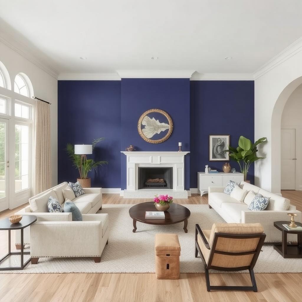 Large living room with an accent wall painted in bold color—drawing attention to architectural features