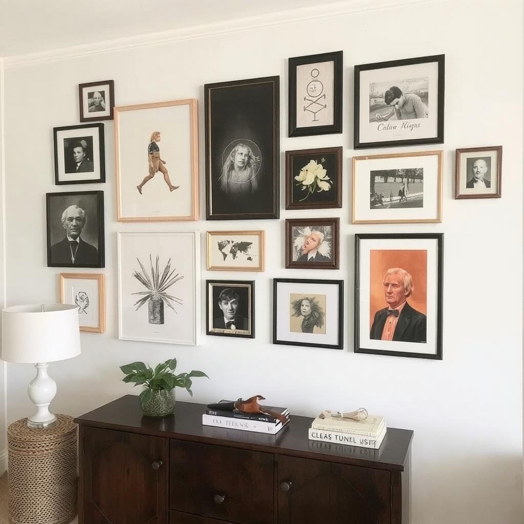 Living room transformed with a gallery wall of budget-friendly art—prints, DIY projects, and thrift store finds