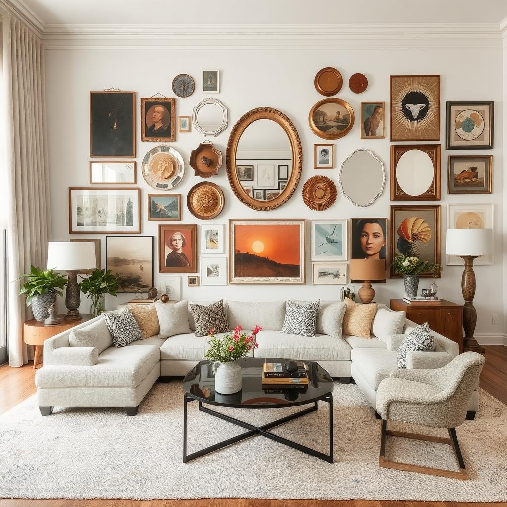 Large living room with a personalized wall decor—mix of artwork, mirrors, and color for a cohesive look