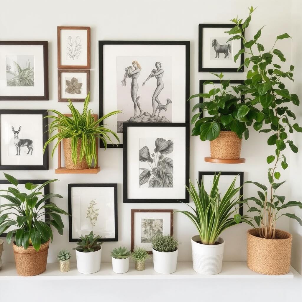 Gallery wall with plants and artwork for farmhouse style