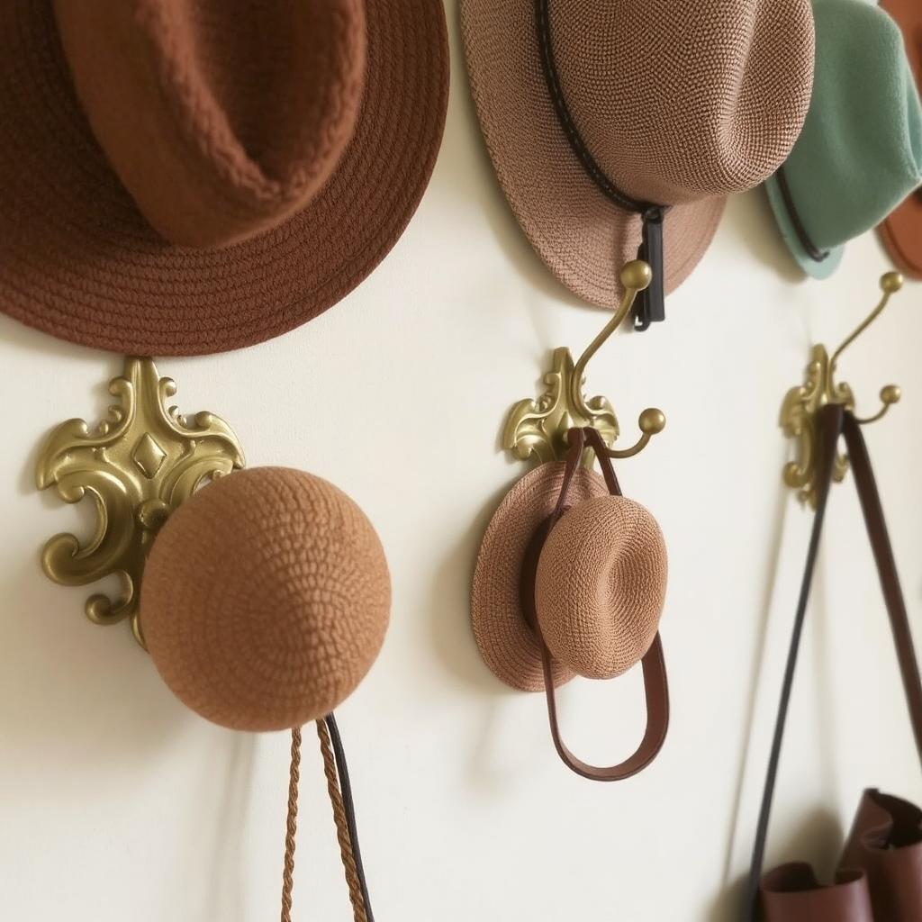 Decorative brass wall hooks on a pastel-colored wall holding hats and bags.