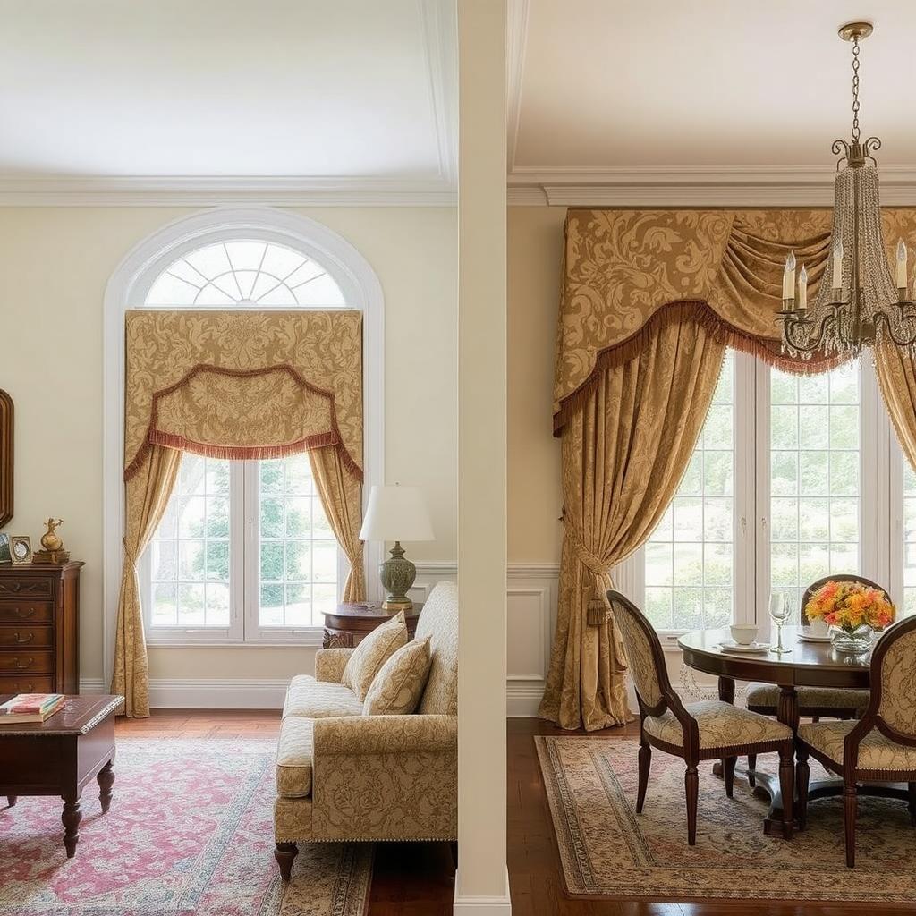 A cozy living room with jacquard curtains framing the windows, alongside an elegant dining room with brocade curtains for a touch of grandeur.