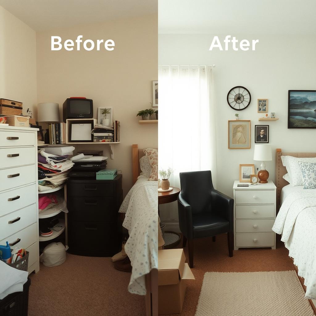 A side-by-side before-and-after photo of a cluttered vs. organized bedroom corner would be very relatable.