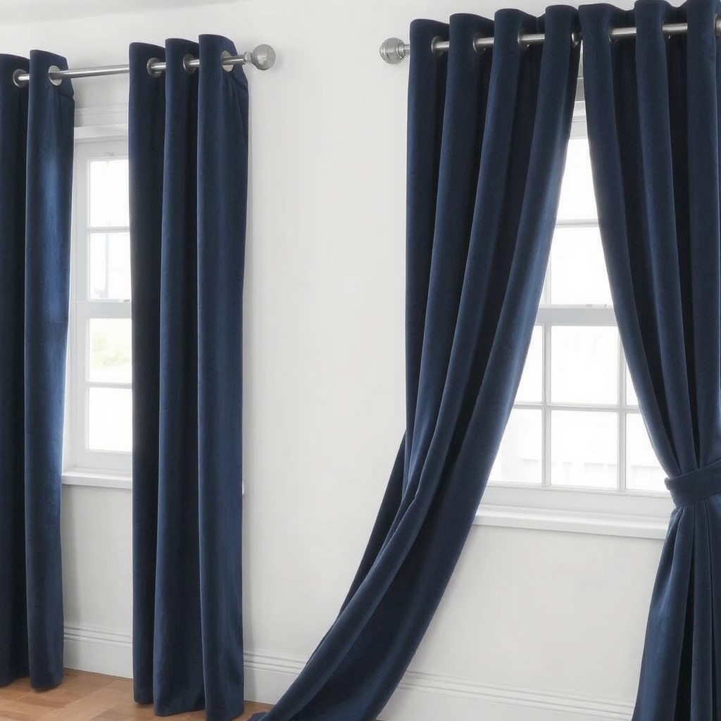 Deep blue velvet curtains paired with a white wall and metallic curtain rods.