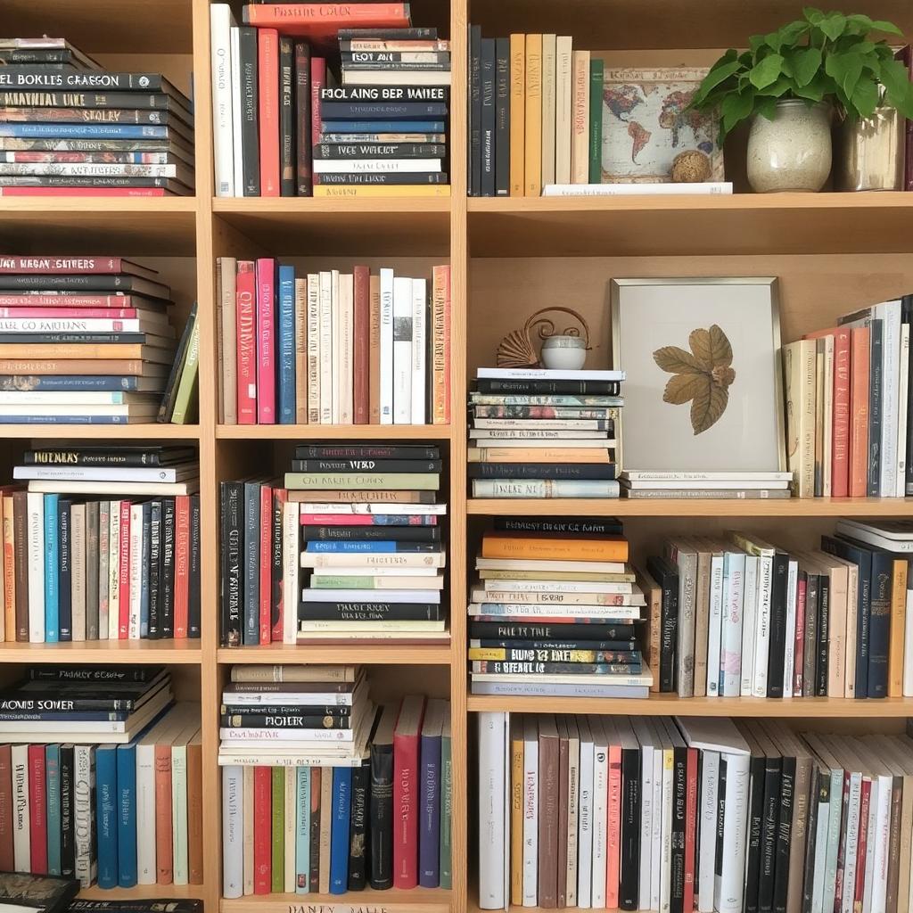 A bookshelf with books arranged by color and a combination of vertical and horizontal stacks.