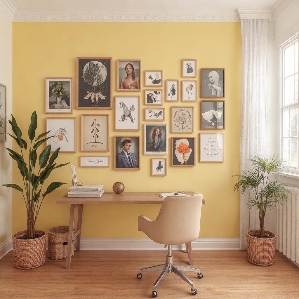 Yellow gallery wall decor idea to boost creativity in a home office