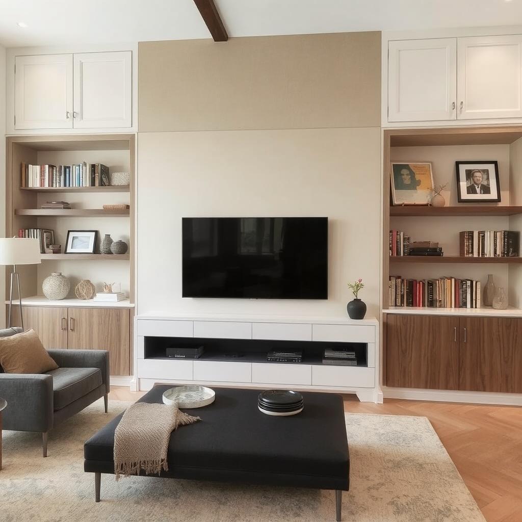 Functional wall decor in a large living room—TV unit with built-in shelves for books and decorative items.