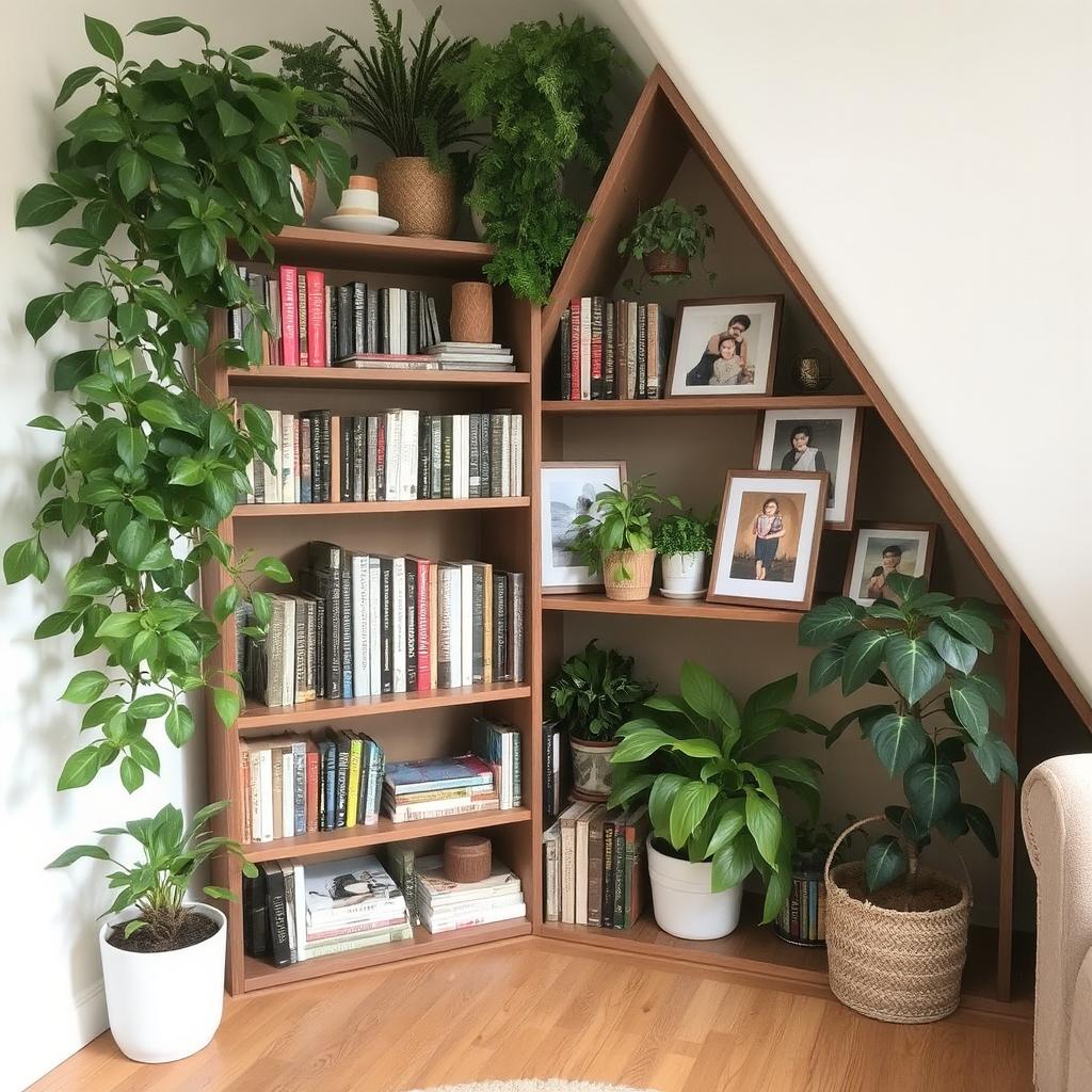 A cozy corner with a sleek, triangular bookshelf filled with books, plants, and family photos.