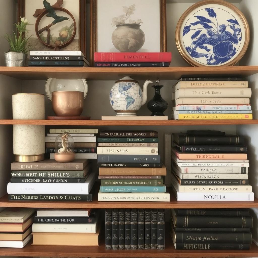 Display a built-in bookshelf with stacked books, a few art pieces, and a mix of decorative items like candles, small plants, and picture frames. This will show how layering brings dimension and depth to the display.