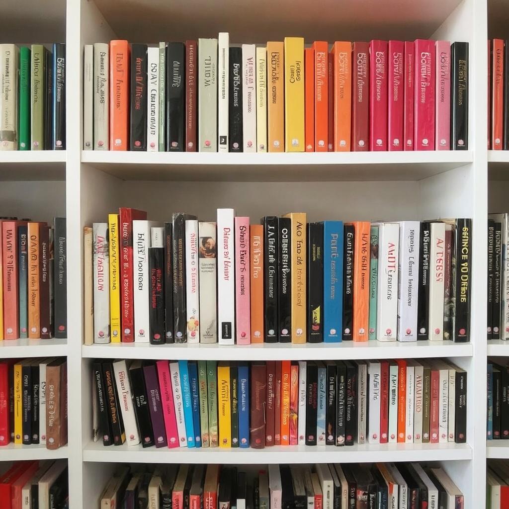 A bookshelf with books arranged in a rainbow gradient, providing a bold and stylish look.