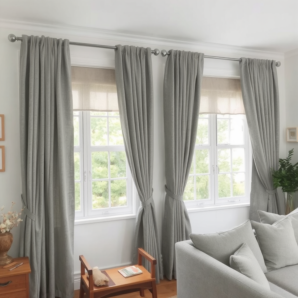 A cozy living room with gray curtains and white walls, accented by wooden furniture. best curtain ideas for white wall