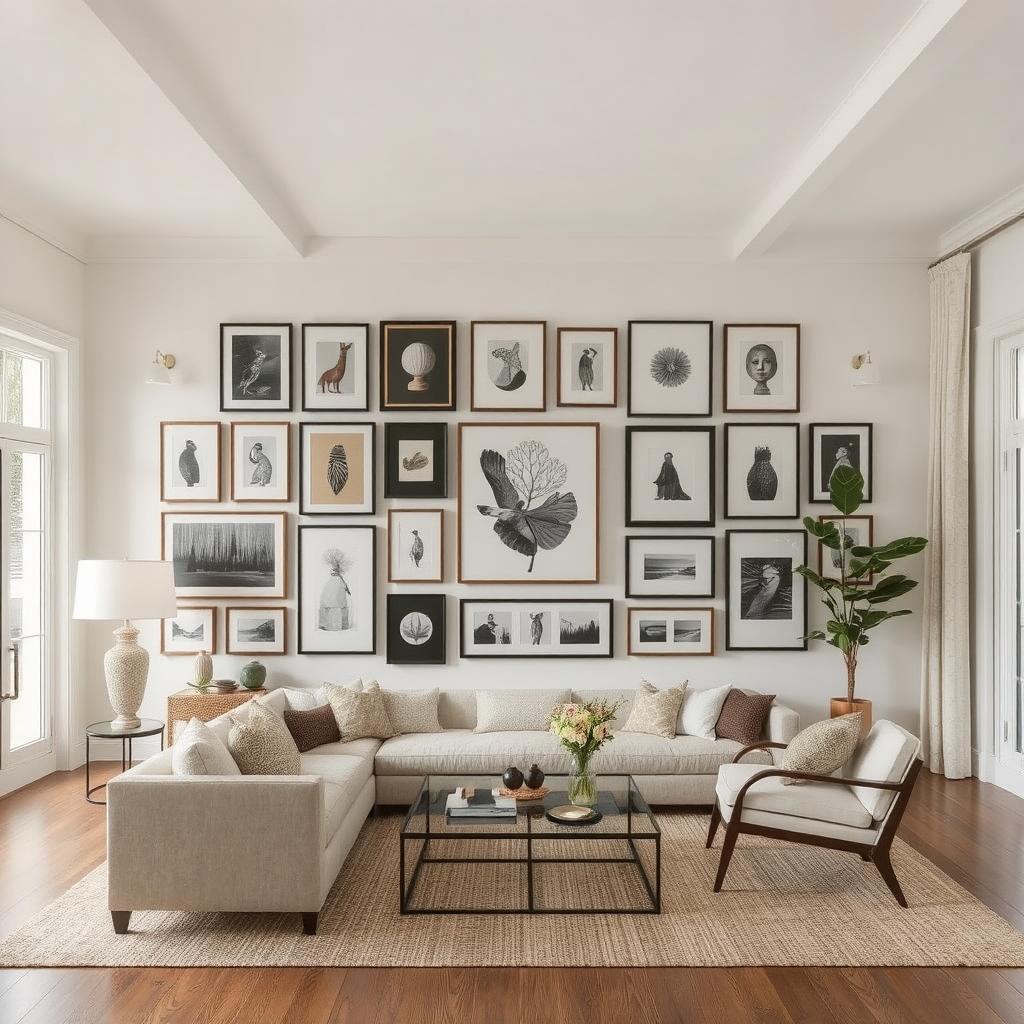 Symmetrical gallery wall in a large living room—creating a balanced and stylish decor solution."