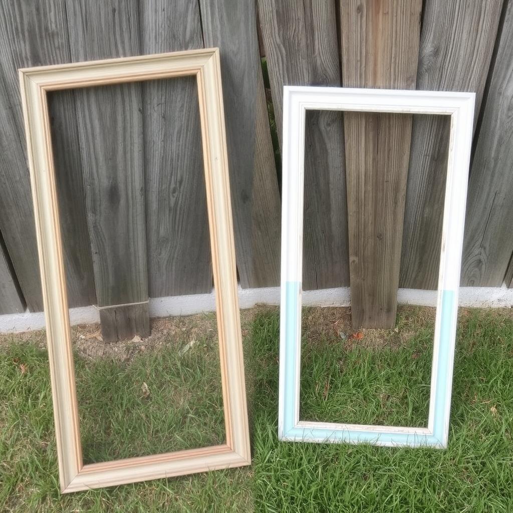 Thrift store frames before and after being upcycled—painted and refitted for a fresh look