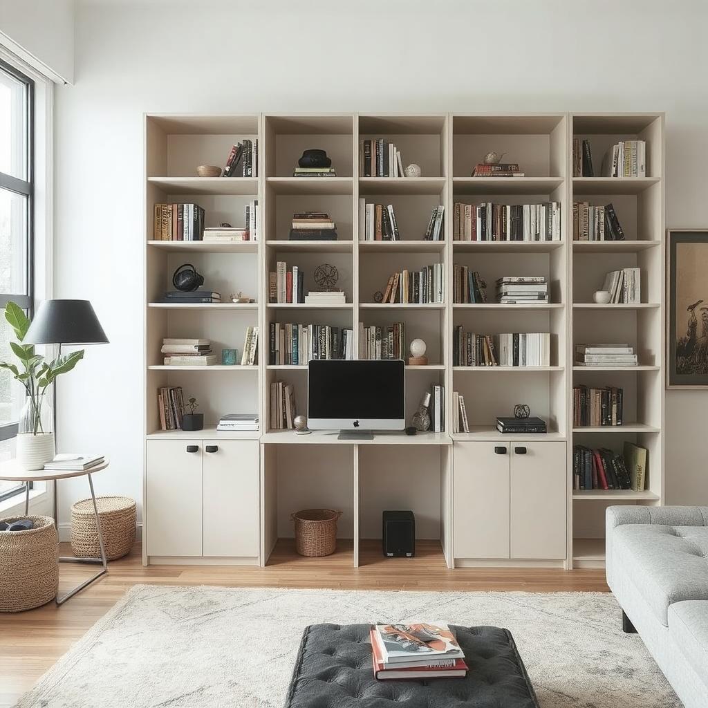 Showcase a modular bookshelf system in a home office or living room, with sections configured in a stylish and functional way.