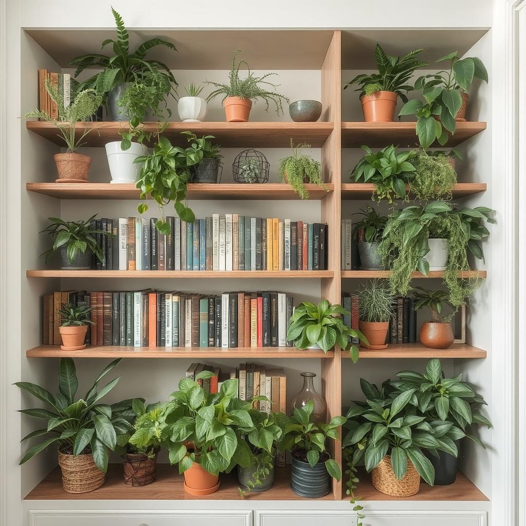 Feature a built-in bookshelf with an array of plants—succulents and small potted plants nestled between books and decorative trinkets—bringing a fresh, earthy look to the space.