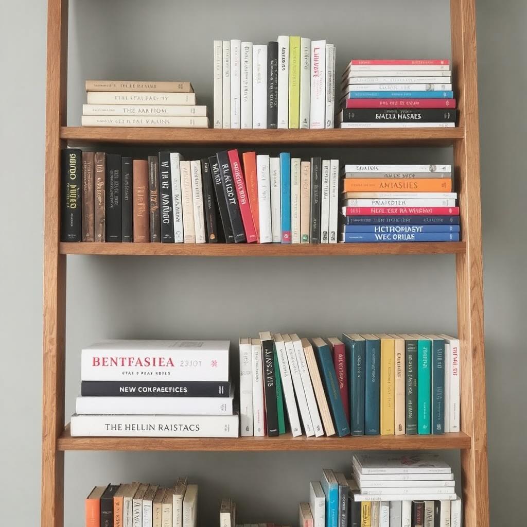 A ladder bookshelf styled with books arranged in various ways—stacked horizontally, vertically, and color-coordinated for a modern look.