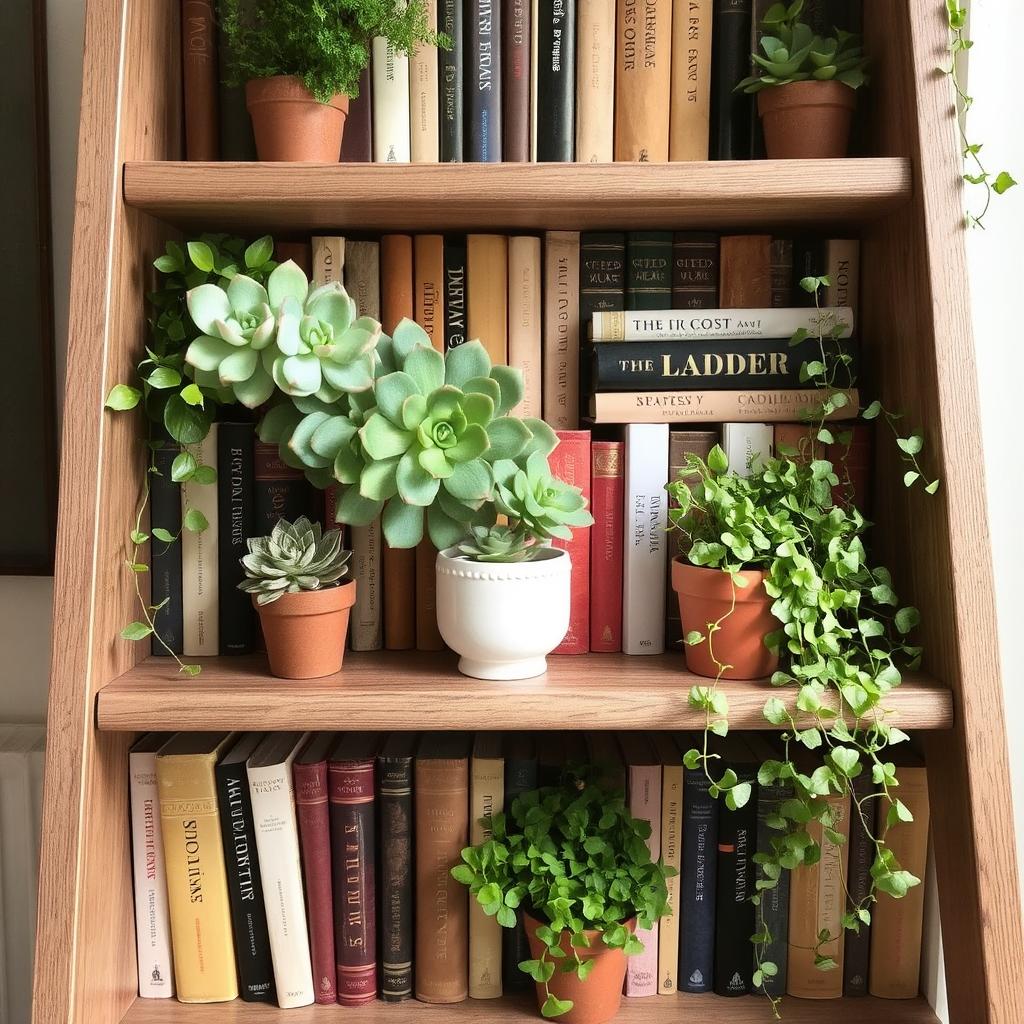 A ladder bookshelf featuring an assortment of plants—succulents, ferns, or ivy—blending seamlessly with the books.