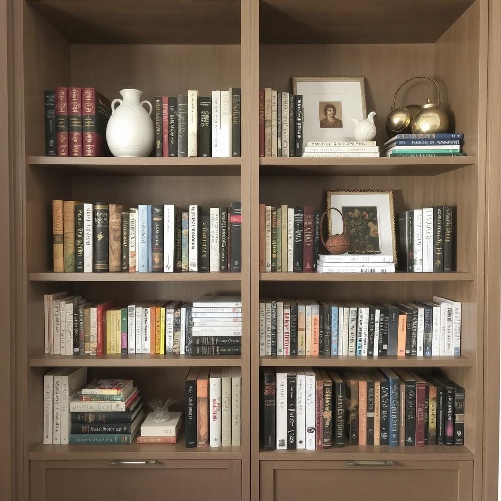 A bookshelf with books and decor items arranged symmetrically on either side.